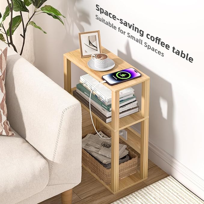 YUFAM 3 Tier Small Narrow Bamboo Side Table Set of 2 with Charging Station - Skinny Nightstand for Small Spaces, Slim Bedside Table with USB Ports and Outlets - Thin End Table with Storage, Natural