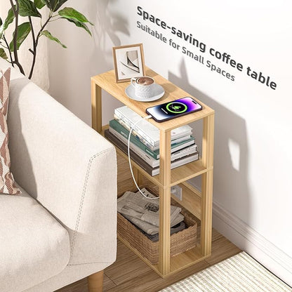 YUFAM 3 Tier Small Narrow Bamboo Side Table Set of 2 with Charging Station - Skinny Nightstand for Small Spaces, Slim Bedside Table with USB Ports and Outlets - Thin End Table with Storage, Natural