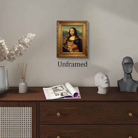 Funny Mona Lisa Cat Wall Art, Vintage Renaissance Mona Lisa Holding Orange Tabby Cat Canvas Print, Classic Abstract Art Painting Poster for Bathroom Living Room Bedroom Home Decor 8x10 Inch Unframed