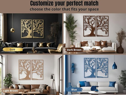 VAILLA Tree of Life Wood Wall Art Decor Set of 2 Wall Hanging Sculpture Modern Wall Home Decoration 3D Textured Sculptures for Living Room Bedroom Office Dinnig Room 2 Panels Family Tree Wall Hangings