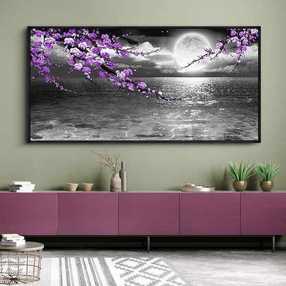 yiijeah Large Paintings for Living Room - Purple Wall Decor Plum Blossom Moon Ocean Canvas Picture Framed Artwork Black and White Seascape Wall Art Home Bedroom Decoration
