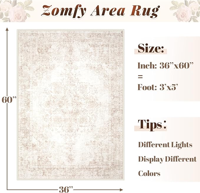 Area Rug 3x5 Vintage Rug: Washable Indoor Medallion Rug Low Pile Distressed Floor Carpet Retro Accent Doormat for Bedroom Bathroom Hallway Kitchen Home Office(Retro Beige, 3'x5')