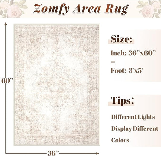 Area Rug 3x5 Vintage Rug: Washable Indoor Medallion Rug Low Pile Distressed Floor Carpet Retro Accent Doormat for Bedroom Bathroom Hallway Kitchen Home Office(Retro Beige, 3'x5')