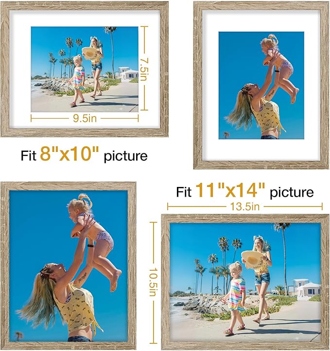 Vittanly 11x14 Picture Frames Set of 9, Display 8x10 Pictures with Mat or 11x14 without Mat, Photo Frames for Wall or Tabletop with Plexiglass, Engineered Wood, Light Wood