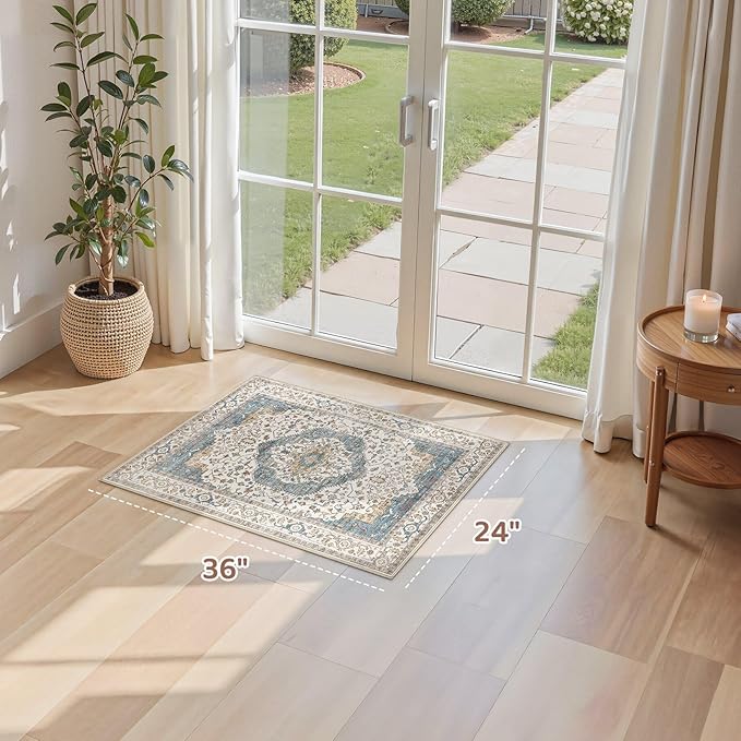 2x3 Washable Entryway Rug: Non-Slip Soft Small Indoor Area Rug for Bedroom Kitchen, Low Pile Stain-Resistant Durable Vintage Floral Carpet for Porch Laundry Kids Room Home Decor (Blue)