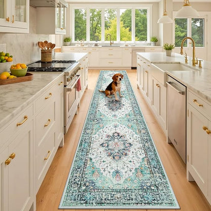 RELEANY Area Rugs 2'x10' Runner Rug Non Slip Washable for Kitchen Hallway Bedroom Beside Laundry Room Bathroom Rug, Floor Carpet, Green Navy Blue White Red Teal Colorful