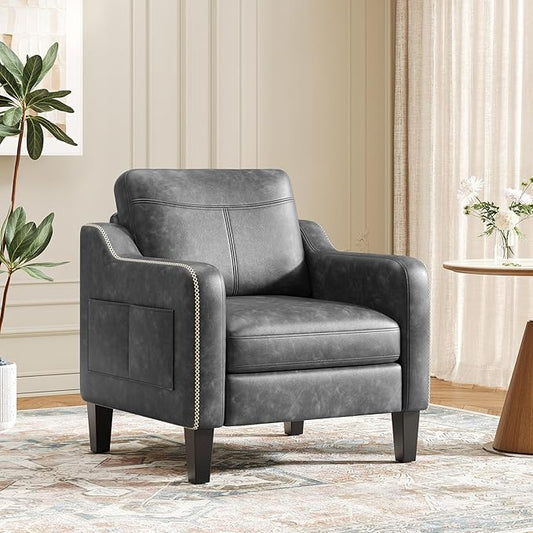 MALOL PU Leather Accent Chair, Mid-Century Modern Living Room Armchair Sofa with Removable Cushions, Solid Wood Frame & Stitched Armrest Design, Bedroom Chair with Plastic Legs, Black