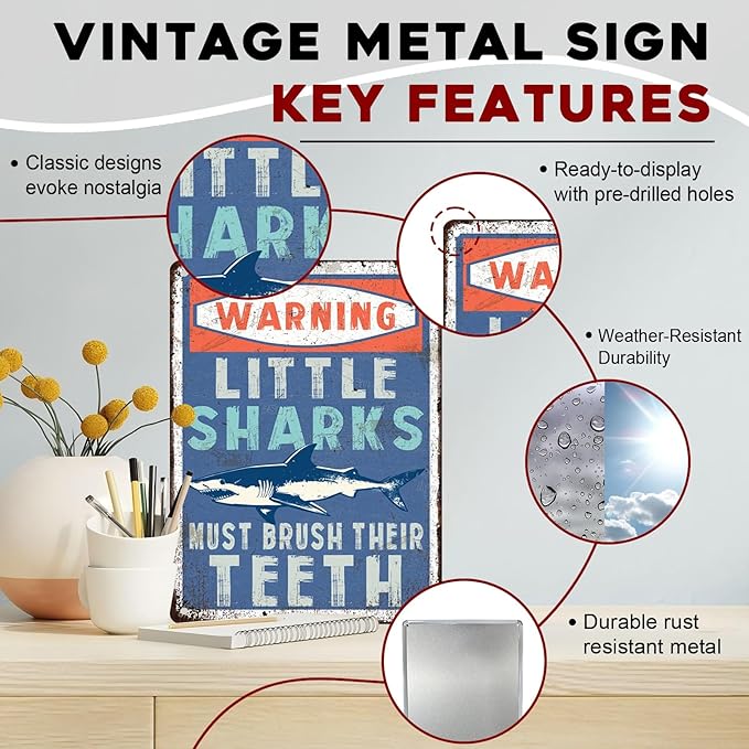 Sharks Vintage Sign Little Sharks Brush Teeth Metal Tin Sign Great Bathroom Decor for Kids Restroom and Wall Art Home 12x16inch