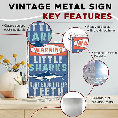 Sharks Vintage Sign Little Sharks Brush Teeth Metal Tin Sign Great Bathroom Decor for Kids Restroom and Wall Art Home 12x16inch
