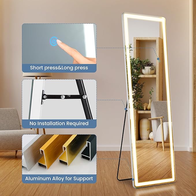 DUMOS 16"×60" LED Full Length Mirror with Lights, Lighted Floor Full Body Mirror with 3 Color Lighting, Wall Mounted Stand Mirror for Bedroom, Dressing Room, Living Room, Bathroom