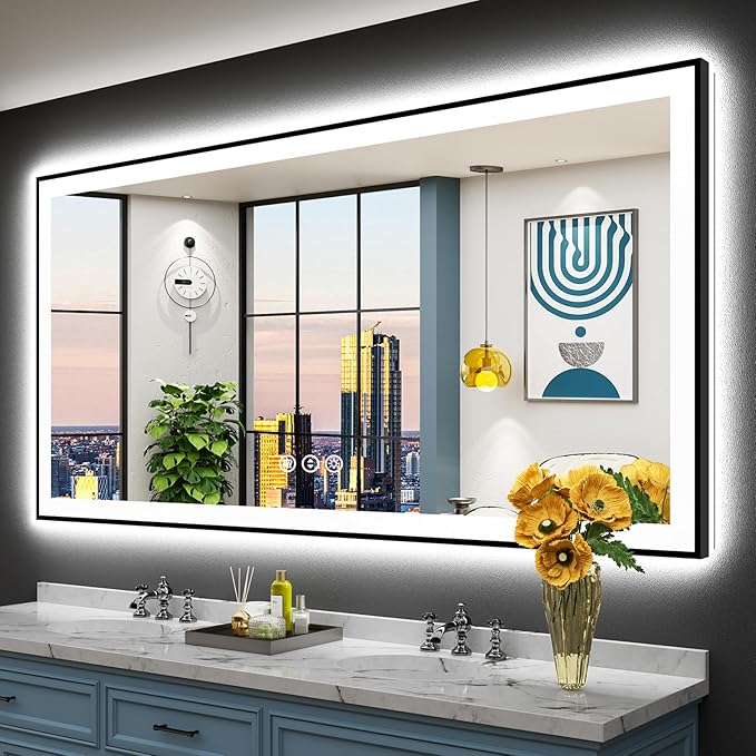72x36 Black Framed LED Bathroom Mirror with Lights, Backlit and Front Lit Anti-Fog Lighted Vanity Mirrors for Bathroom Wall, Dimmable, 3 Colors, Memory, HD Tempered Glass, Horizontal/Vertical