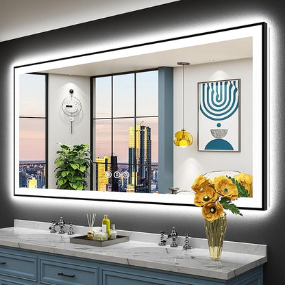72x36 Black Framed LED Bathroom Mirror with Lights, Backlit and Front Lit Anti-Fog Lighted Vanity Mirrors for Bathroom Wall, Dimmable, 3 Colors, Memory, HD Tempered Glass, Horizontal/Vertical