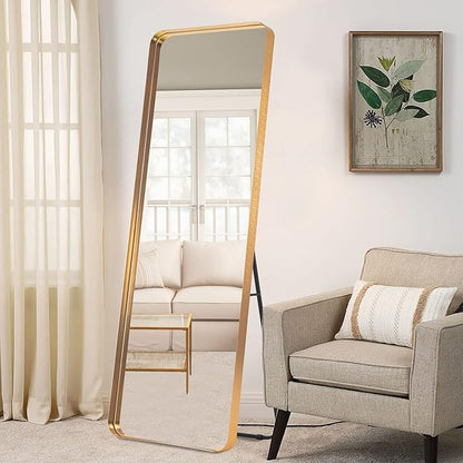 NeuType Full Length Mirror, 63"x20" Floor Mirror Full Body Dressing Mirror Round Corner, Hanging or Leaning Against Wall Large Rectangle Wall Mounted Deep Set Aluminum Alloy Frame for Bedroom, Gold