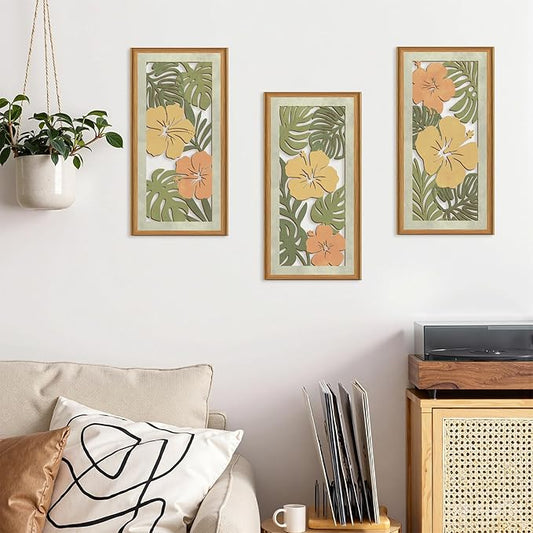 Celestdeco 3 Pcs Boho Flower Market Wall Decor Floral Botanical Modern Wood Wall Art Bohemian Floral Hanging Decor Abstract Minimalist Wooden Art for Living Room Bedroom Office 7.9 x15.8 Inch