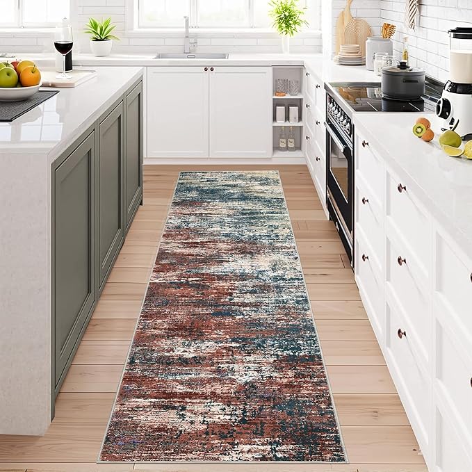 ROYHOME Washable Runner Rug 2x6 Modern Abstract Kitchen Rugs, Non Slip Bathroom Rug, Low Pile Laundry Room Soft Long Carpet for Hallway Bedroom Entryway, Red Multi