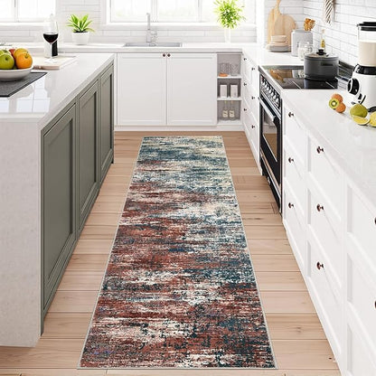 ROYHOME Washable Runner Rug 2x6 Modern Abstract Kitchen Rugs, Non Slip Bathroom Rug, Low Pile Laundry Room Soft Long Carpet for Hallway Bedroom Entryway, Red Multi
