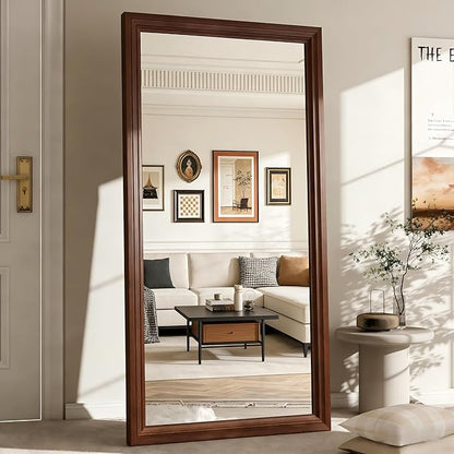 ZHUNFA Full Length Mirror,71x32 Inch Full Length Mirror Wall Mounted,Vertical Hanging,Leaning Standing for Bedroom,Living Room,Rectangular Wooden Frame,Wood Brown Color.