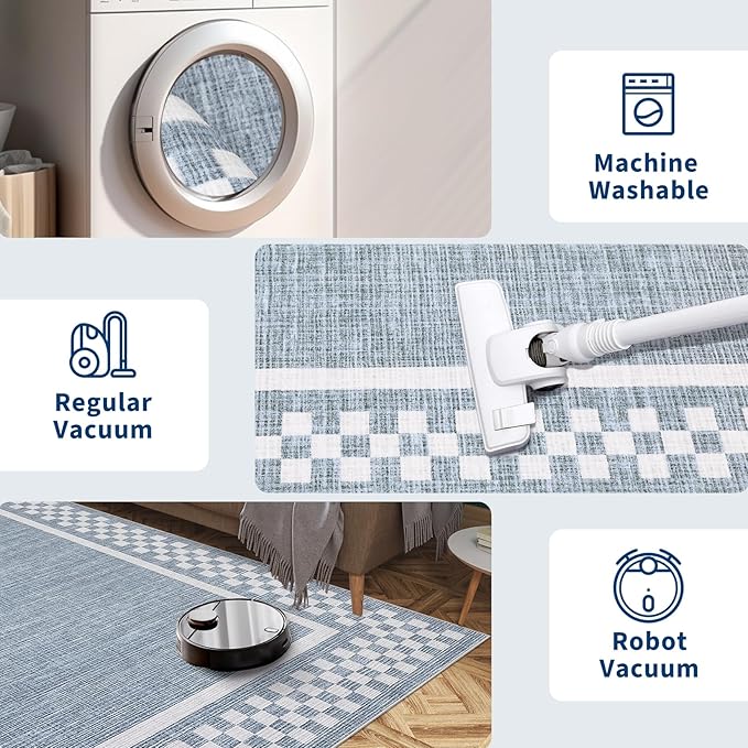 Small Bedroom Area Rug 3x5 Checkered Area Rug for Living Room Nursery Non Slip Kitchen Throw Carpet Low Pile Modern Bordered Rugs Washable Bathroom Mat Soft Brown Rugs for Laundry Entryway, Blue
