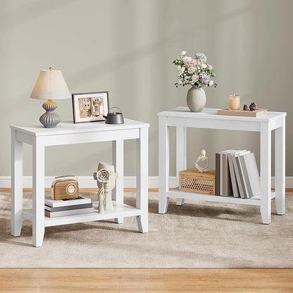 Hoctieon End Table with Double Storage Shelves, Sturdy Wooden Side Table for Living Room, Bedroom, Modern Nightstand Sofa Table for Small Spaces, White, Set of 2