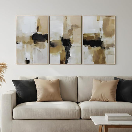 Large Neutral Abstract Textured Framed Canvas Wall Art Set, Minimalist Wall Decor Modern Art Prints, Black Brown Wall Painting Artwork for Living Room,Bedroom,Dining Room,Office, 24"x36"x3