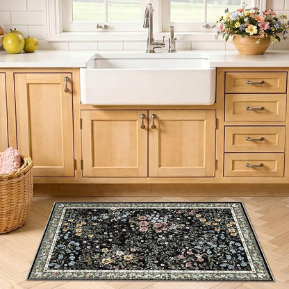 Washable Area Rugs 2x3 Entryway: Soft Ultra Thin Low Pile Mat Machine Washable Indoor Doormat Lightweight Entry Rug Anti Slip Backing Rugs for Living Room Bedroom Kitchen 2'x3' Black
