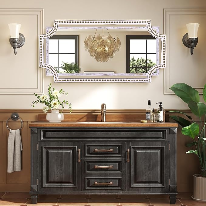 HOITUZYUS 24x47 Inch Large Wooden Farmhouse Wall Mirror, Rustic Decorative Mirrors for Living Room, Bedroom, Bathroom, Entryway - Horizontally or Vertically Mount