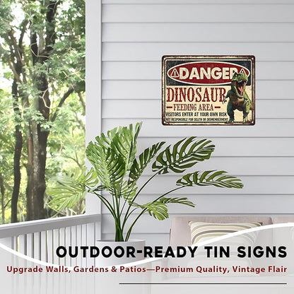 Dinosaur Vintage Tin Sign Dinosaur Feeding Area Great Boy's Room Metal Decor Sign Warning for Bedroom and Playroom 12x16inch