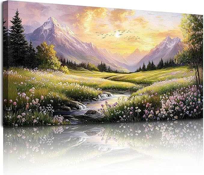 crmotu Landscape Wall Art, Mountain Wall Art, Countryside Scenic Canvas Prints, Nature River Wildflower Spring Oversized Paintings for Living Room Bedroom Dining Room Farmhouse Cottage 29x57inch