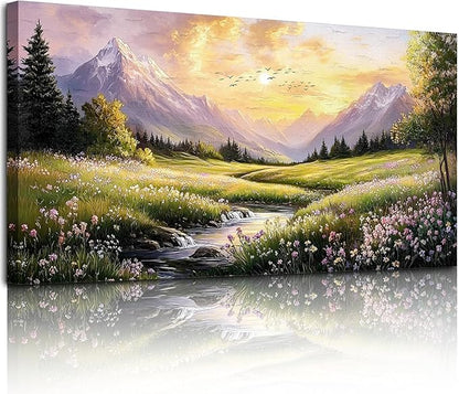 crmotu Large Landscape Wall Art, Nature Wall Art, Mountain Artwork for Walls, Sunset Aesthetic Canvas Prints, Spring Scenery Paintings for Living Room Bedroom Kitchen Farmhouse Cottagecore 24x48inch