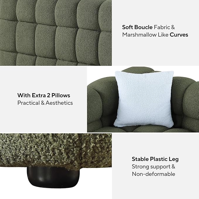86" Cloud Couch Boucle 3 Seater with Solid Wood Frame & 2 Throw Pillow, Mid Century Modern Plush Couch for Living Room, ALO2269-GR