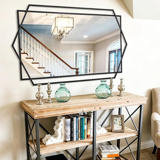 Black Decorative Mirror for Wall Decor, 32"x47" Modern Large Living Room Mirror with Hexagon and Rectangular Metal Frame for Bathroom, Entrance, Bedroom, Dining Room
