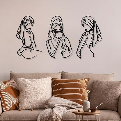 Photect 3 Pcs Metal Wall Art Decor Minimalist Abstract Woman Wall Art Metal Modern Line Drawing Decor Female Single Line Home Hanging for Bedroom Bathroom Living Room Housewarming(Romantic,Black)