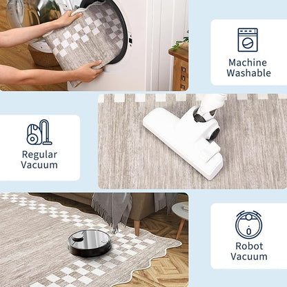 GarveeHome 8x10 Area Rug for Living Room Scalloped Washable Large Bedroom Rug Non Slip Stain Resistant Modern Border Dining Room Throw Carpet Scalloped Boho Rug for Home Decor Office Nursery, Fog