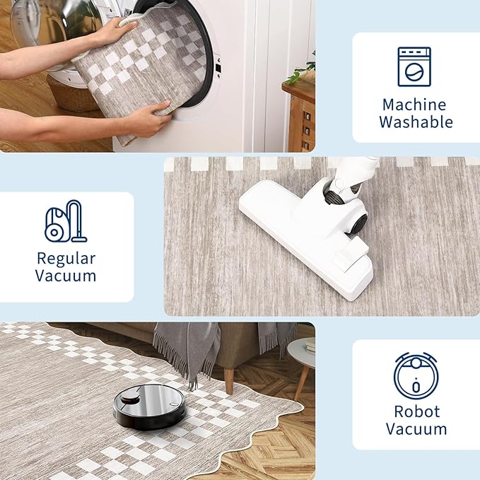 Small Bedroom Area Rug 3x5 Checkered Area Rug for Living Room Nursery Non Slip Kitchen Throw Carpet Low Pile Modern Bordered Rugs Washable Bathroom Mat Soft Brown Rugs for Laundry Entryway, Fog