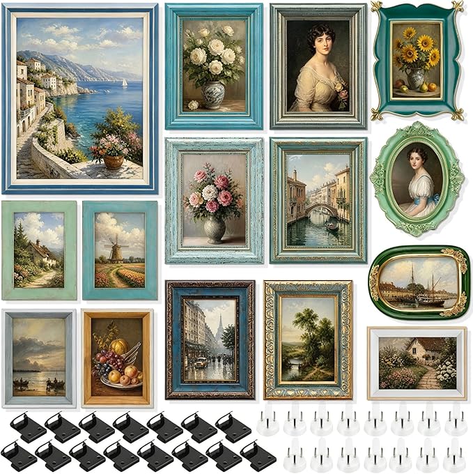 Kathfly 15 Pack Vintage Picture Frames for Wall or Tabletop Display Ornate French Country Frames Vintage Farmhouse Decor Antique Wall Art Set for Gallery Bedroom Living Room Decor (Blue-green Family)