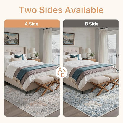 GENIMO 6x9 Reversible Area Rugs for Living Room, Machine Washable Rug with Pad, Non Slip Vintage Rug, Low Pile Lightweight Chenille Print Carpet for Bedroom Dining Room Home Office, Taupe & Blue
