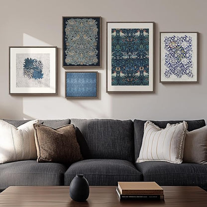 Framed William Morris Wall Art for Living Room, 5 Piece Large Vintage Blue Canvas Prints Set, Floral Botanical and Bird Pattern Aesthetic Decor for Bedroom, Hallway, Home Office, Kitchen, Guest Room
