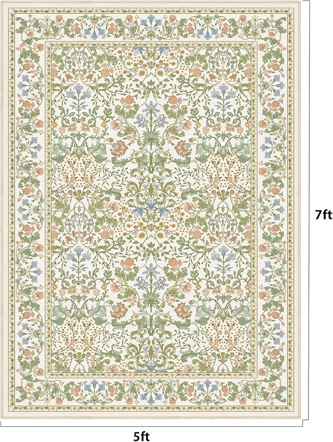 AMADA HOMEFURNISHING 5x7 Area Rug, Washable Living Room Rug with Non-Slip Backing, Low Pile and Durable Edge Binding, Vintage Soft Floral Rugs for Living Room, Bedroom, Dining Room