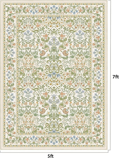 AMADA HOMEFURNISHING 5x7 Area Rug, Washable Living Room Rug with Non-Slip Backing, Low Pile and Durable Edge Binding, Vintage Soft Floral Rugs for Living Room, Bedroom, Dining Room