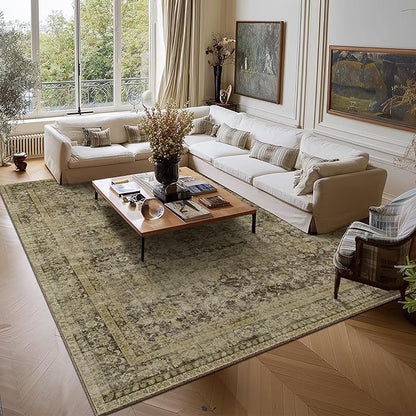 Washable 9x12 Area Rugs for Living Room, Boho Non-Slip Vintage Distress Lager Rugs for Bedroom Dining Room Nursery Office, 0.3" Neutral Oriental Throw Thin Carpet, Moss/Yellow/Multi, C3
