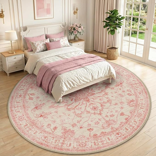 RELEANY Area Rugs Round 10ft Washable Non-Slip, Floral Vintage Distress Print Pattern Medallion Carpet for Living Room Bedroom Dining Room, Pink Light Vintage Pink