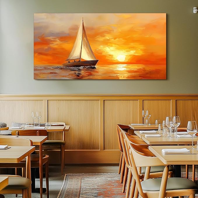 SERIMINO Ocean Sunset Wall Art, Sailboat on Sea Extra Large Artwork, Nautical Landscape Canvas Art Prints, Still Life Aesthetic Paintings Wall Decor Living Room Bedroom Home Office Hotel 29"X57"
