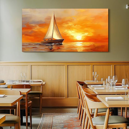 SERIMINO Ocean Sunset Wall Art, Sailboat on Sea Extra Large Artwork, Nautical Landscape Canvas Art Prints, Still Life Aesthetic Paintings Wall Decor Living Room Bedroom Home Office Hotel 29"X57"