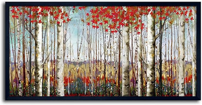 Large Framed Wall Art for Living Room Bedroom Modern Wall Decor of Red Leaves White Birch Tree Forest Giclee Painting Artwork Wall Decoration 29x58 Large Size Black Framed