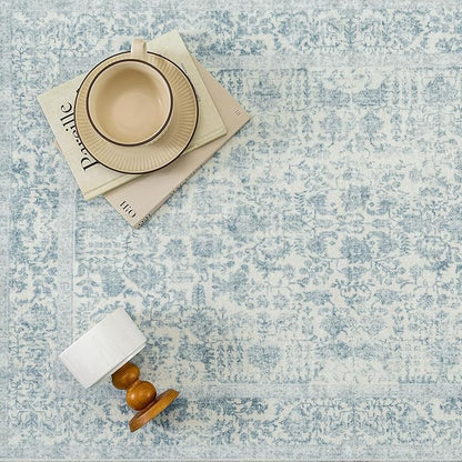 PureCozy Blue Area Rug 3x4 Office Entryway Rug Machine Washable Kitchen Vintage Distressed Non Slip Carpet Indoor Retro Floral Accent Throw Door Mat for Bathroom Bedroom Dining Living Room