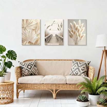 3 Pcs Beige Reeds Botanical Framed Canvas Wall Art Neutral Palm Fronds Wall Paintings Quiet Beach Landscapes Art Prints Picture Home Decor for Bedroom Living Room Office Reay to Hang 20"x28"x3Pcs