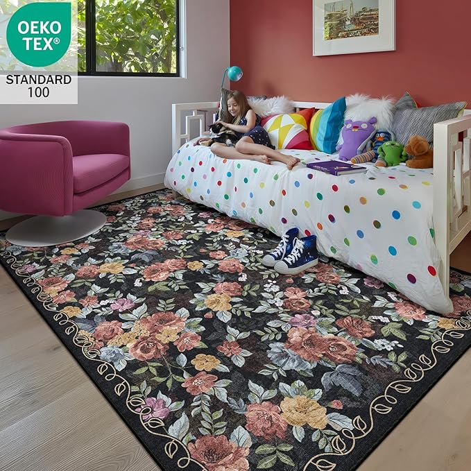 5x8 Machine Washable Area Rug for Living Room, Dark Blue Black Vintage Boho Floral Rug Large Non-Slip Low Pile Soft Faux Wool Carpet, Kids and Pets Friendly for Bedroom Dining Room Farmhouse Decor Rug