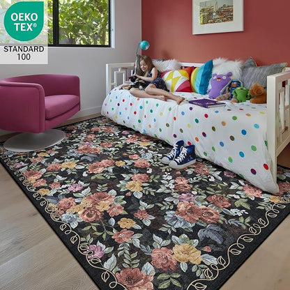 5x8 Machine Washable Area Rug for Living Room, Dark Blue Black Vintage Boho Floral Rug Large Non-Slip Low Pile Soft Faux Wool Carpet, Kids and Pets Friendly for Bedroom Dining Room Farmhouse Decor Rug