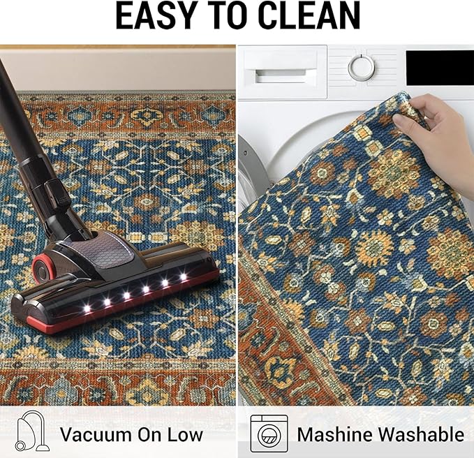 KUTA Vintage Washable Runner Rug, 2x6 Blue Terracotta Runners for Hallways Non-Slip Kitchen Rugs Ultra Thin Soft Printed Oriental Floral Floor Carpet for Laundry Bedroom Living Room Nursery