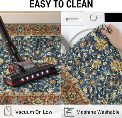 KUTA Vintage 2x3 Rugs for Entryway, Non-Slip Washable Kitchen Rugs & Indoor Door Mat with Floral Print, Blue Terracotta Ultra Thin Soft Low-Pile Throw Rug for Front Door, Bedside, Small Spaces
